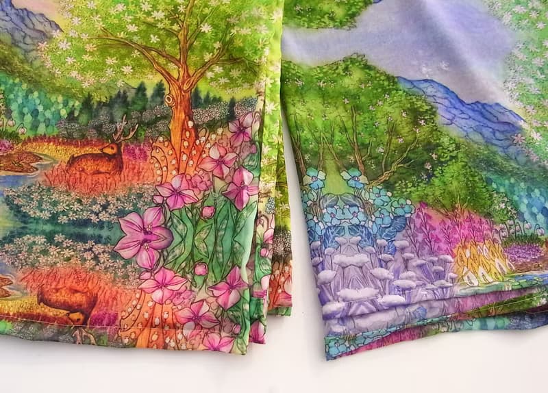 二週間【Melting snow forest/blue】水彩画　シフォンストール　アートスカーフ　ショール　鹿　山　おしゃれファッション　花柄　植物　贈り物