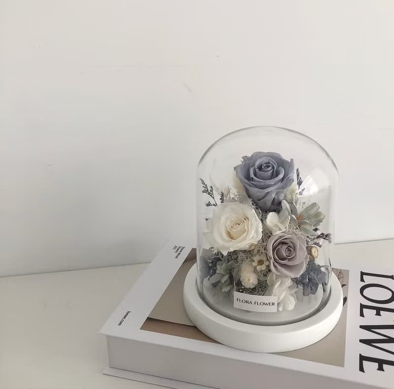 Flora Flower永生花大玻璃罩夜燈-雪灰藍