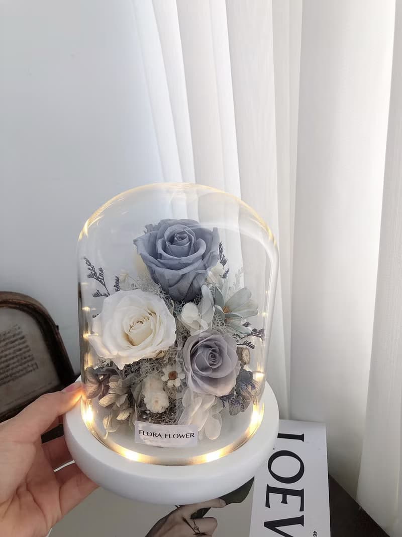 Flora Flower永生花大玻璃罩夜燈-雪灰藍
