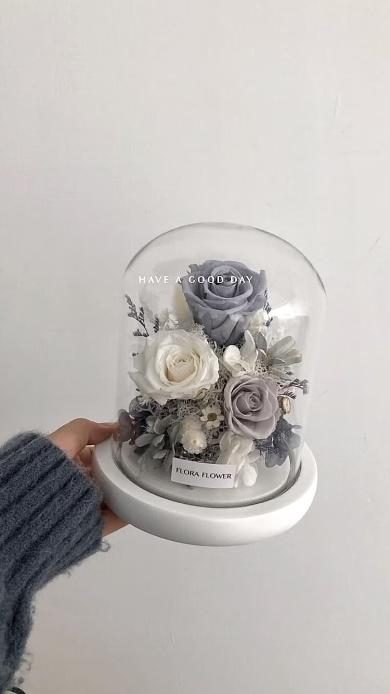 Flora Flower永生花大玻璃罩夜燈-雪灰藍