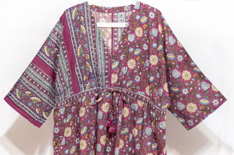 女裝木刻印純棉洋裝 印度棉有機棉連衣裙 手工蓋印連身裙-粉花朵