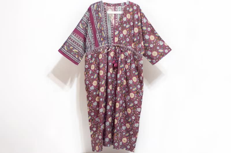 女裝木刻印純棉洋裝 印度棉有機棉連衣裙 手工蓋印連身裙-粉花朵