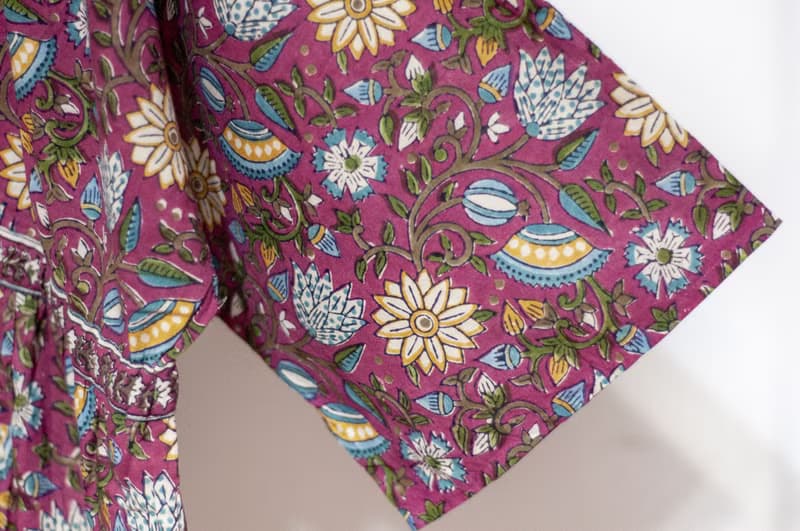 女裝木刻印純棉洋裝 印度棉有機棉連衣裙 手工蓋印連身裙-粉花朵