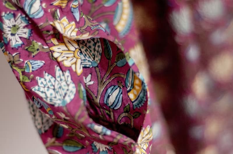 女裝木刻印純棉洋裝 印度棉有機棉連衣裙 手工蓋印連身裙-粉花朵