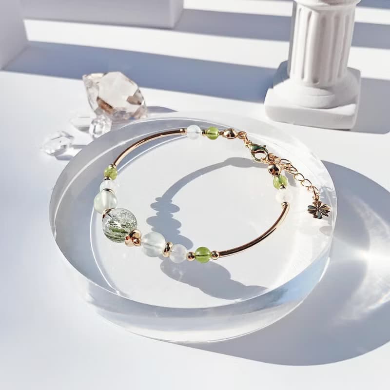 綠幽靈 月光石 橄欖石 葡萄石 14k包金 天然水晶手鍊