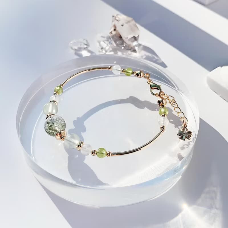 綠幽靈 月光石 橄欖石 葡萄石 14k包金 天然水晶手鍊