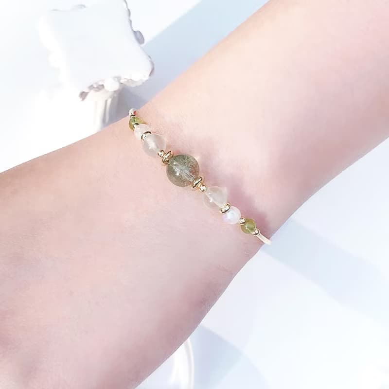 綠幽靈 月光石 橄欖石 葡萄石 14k包金 天然水晶手鍊