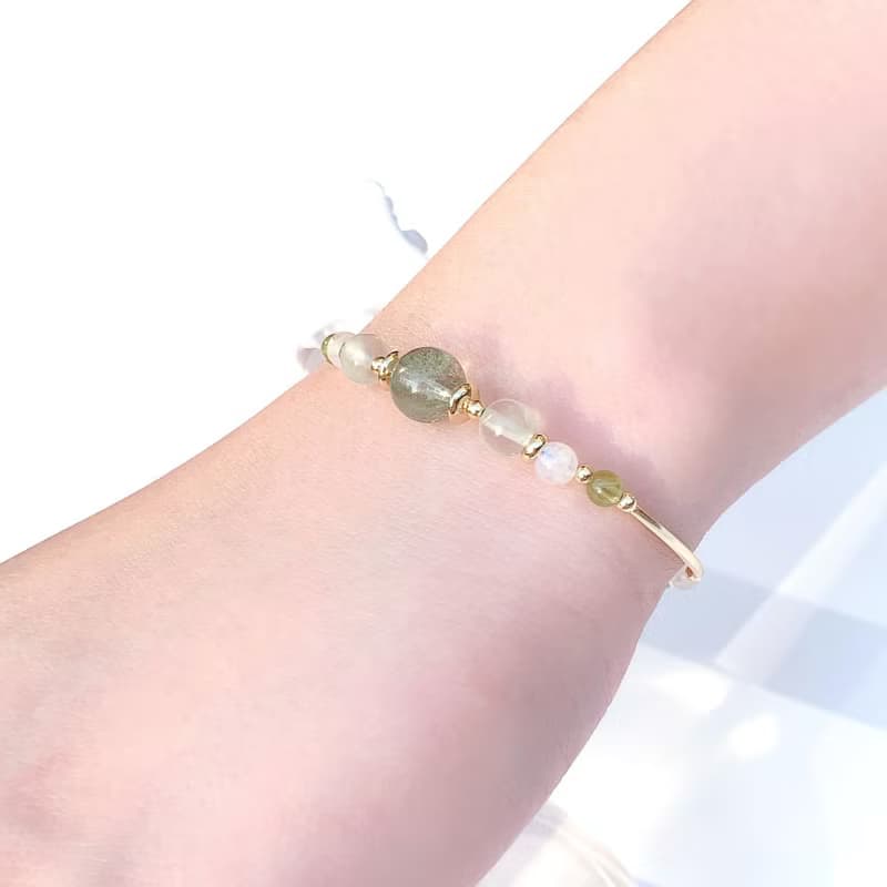 綠幽靈 月光石 橄欖石 葡萄石 14k包金 天然水晶手鍊