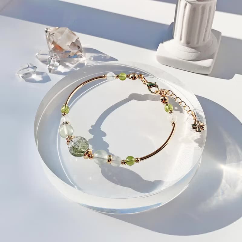 綠幽靈 月光石 橄欖石 葡萄石 14k包金 天然水晶手鍊