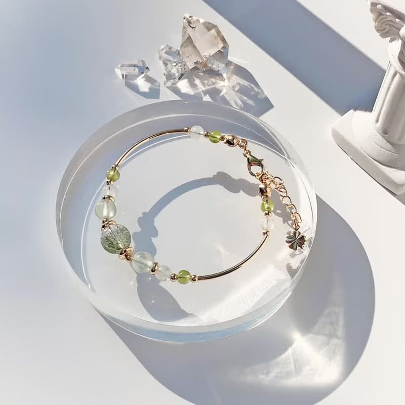 綠幽靈 月光石 橄欖石 葡萄石 14k包金 天然水晶手鍊