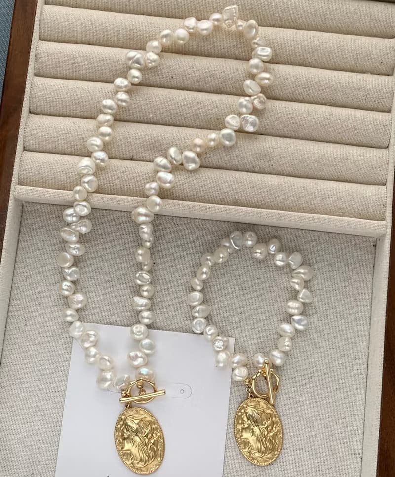 YuanPearl兩件套天然法式風格巴洛克珍珠法式牌手鍊加項鍊