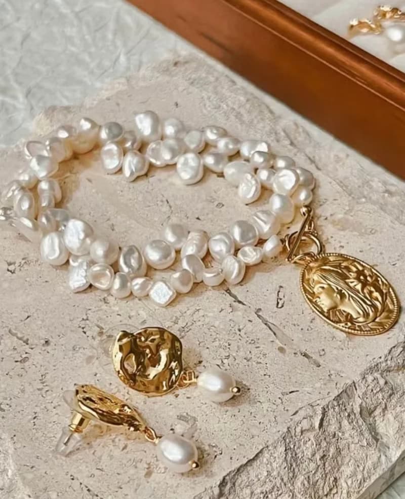 YuanPearl兩件套天然法式風格巴洛克珍珠法式牌手鍊加項鍊