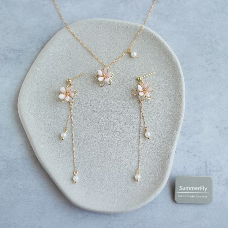 日系清新18k註金 櫻花珍珠 垂墜耳環項鍊套裝 淡粉色
