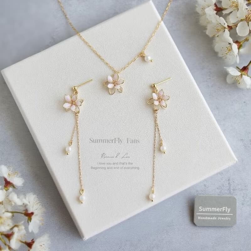 日系清新18k註金 櫻花珍珠 垂墜耳環項鍊套裝 淡粉色