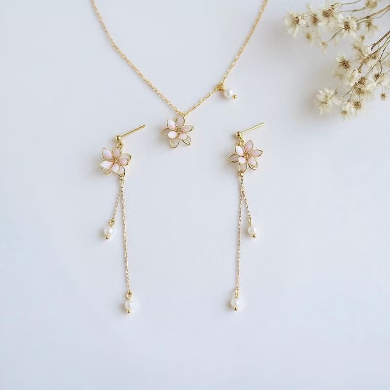 日系清新18k註金 櫻花珍珠 垂墜耳環項鍊套裝 淡粉色