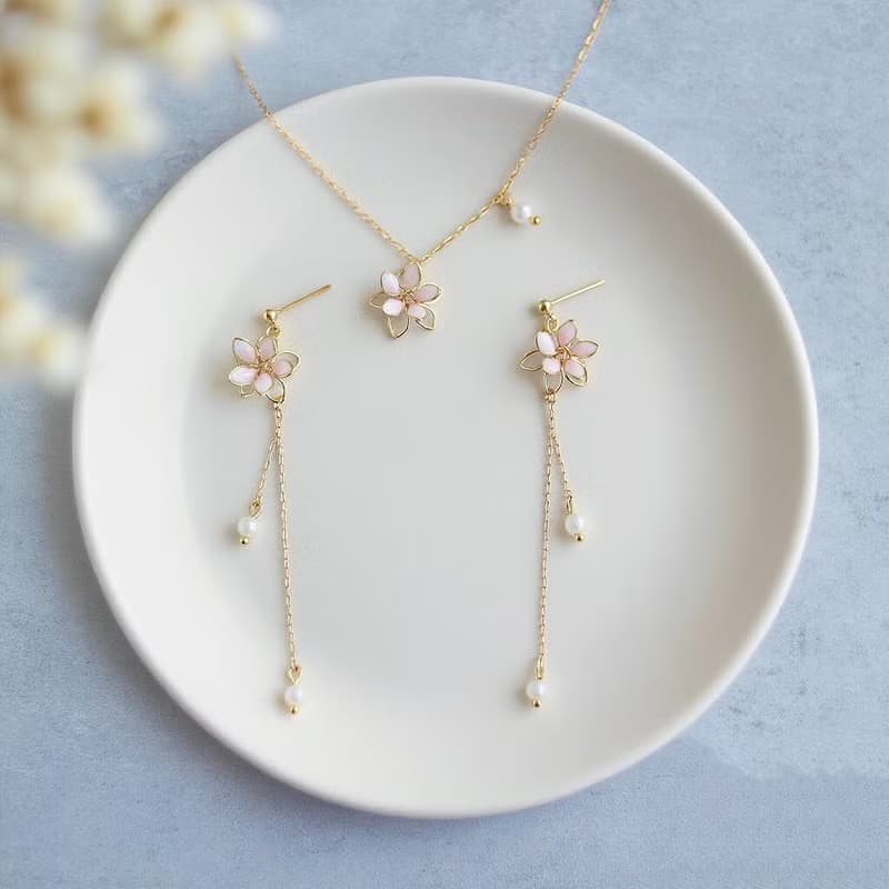 日系清新18k註金 櫻花珍珠 垂墜耳環項鍊套裝 淡粉色