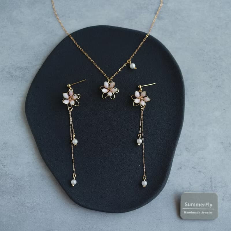 日系清新18k註金 櫻花珍珠 垂墜耳環項鍊套裝 淡粉色