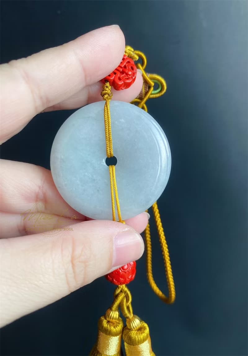 天然緬甸玉翡翠 白底冰細糯灑烏雞 硃砂 大平安扣 車掛 包掛