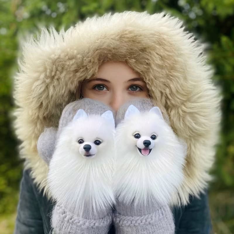 独特的手工猫头鹰连指手套。 温暖的羊毛妇女连指手套与猫头鹰。