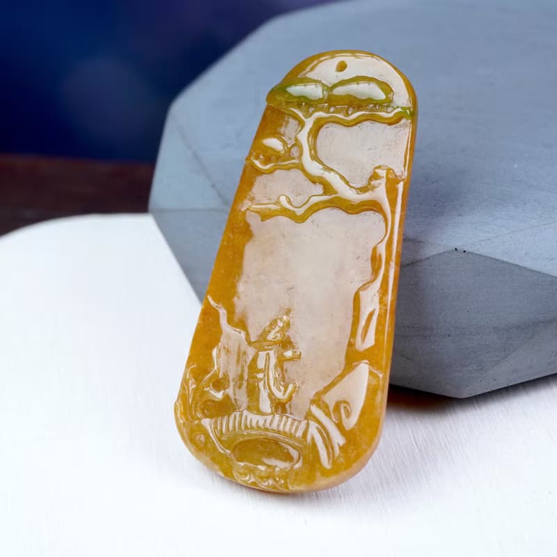 黃翡翡翠巧雕文人山水牌 | 天然緬甸玉翡翠A貨 | 送禮