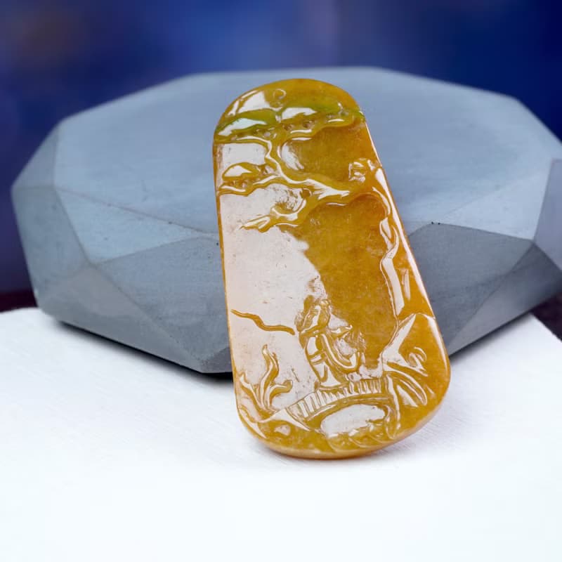 黃翡翡翠巧雕文人山水牌 | 天然緬甸玉翡翠A貨 | 送禮