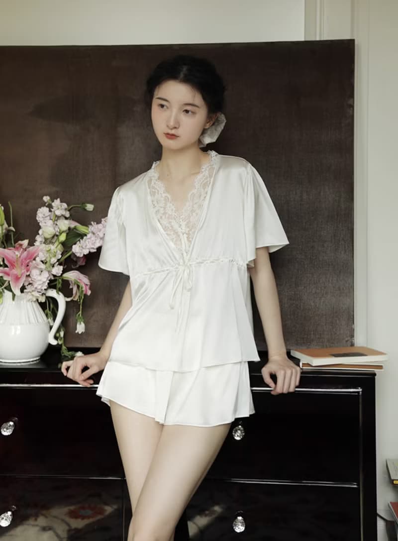 法式復古 22姆米性感真絲睡衣 蕾絲家居服