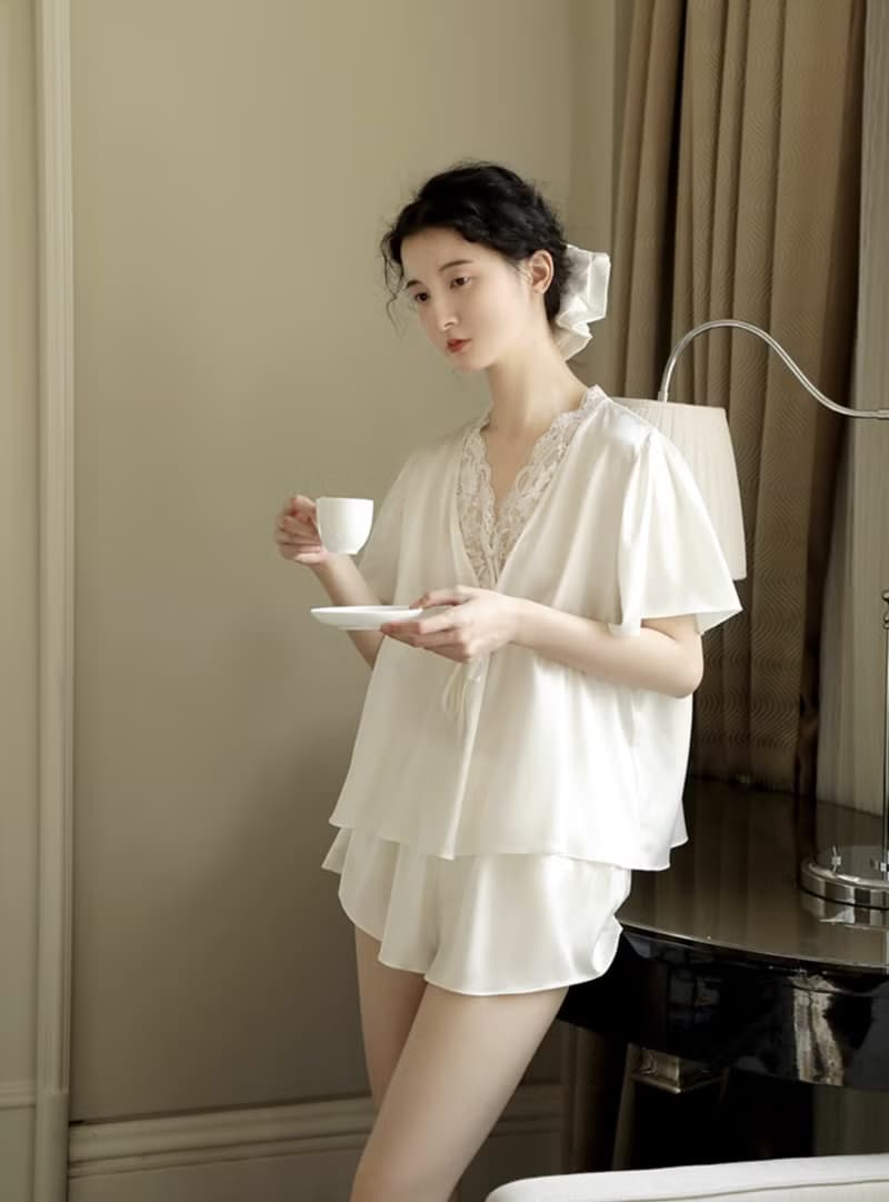 法式復古 22姆米性感真絲睡衣 蕾絲家居服
