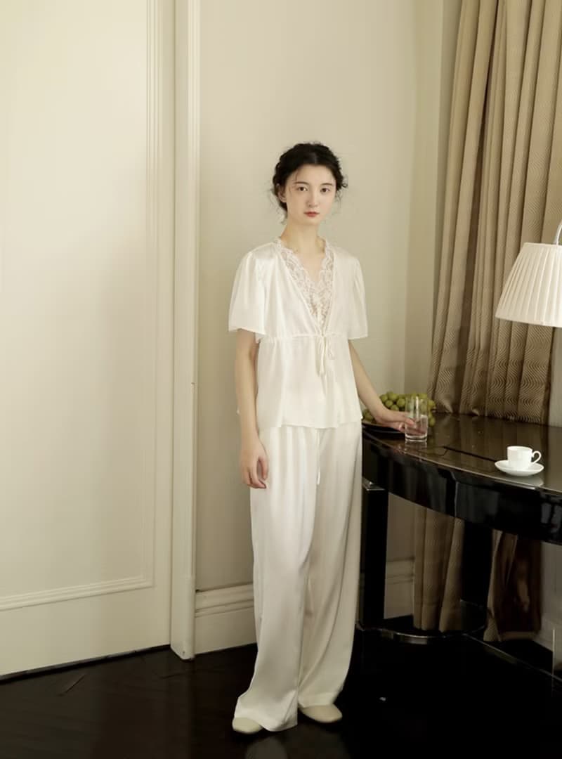 法式復古 22姆米性感真絲睡衣 蕾絲家居服