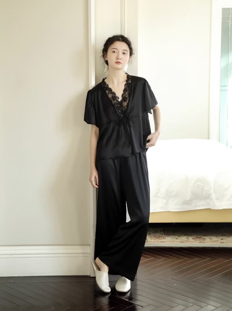 法式復古 22姆米性感真絲睡衣 蕾絲家居服
