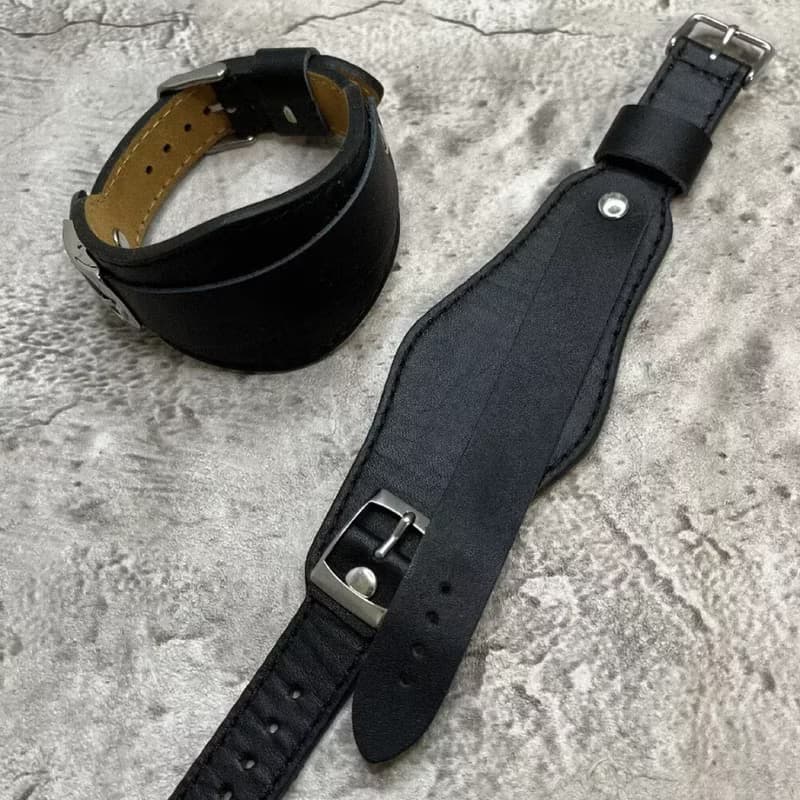 Timeless 純黑皮革真皮手男士款手錶腕帶16/18/20/22MM