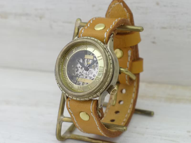 手作り腕時計 BHW068 ミシンステッチ 33mm手巻きBrass ローマ数字インデックス