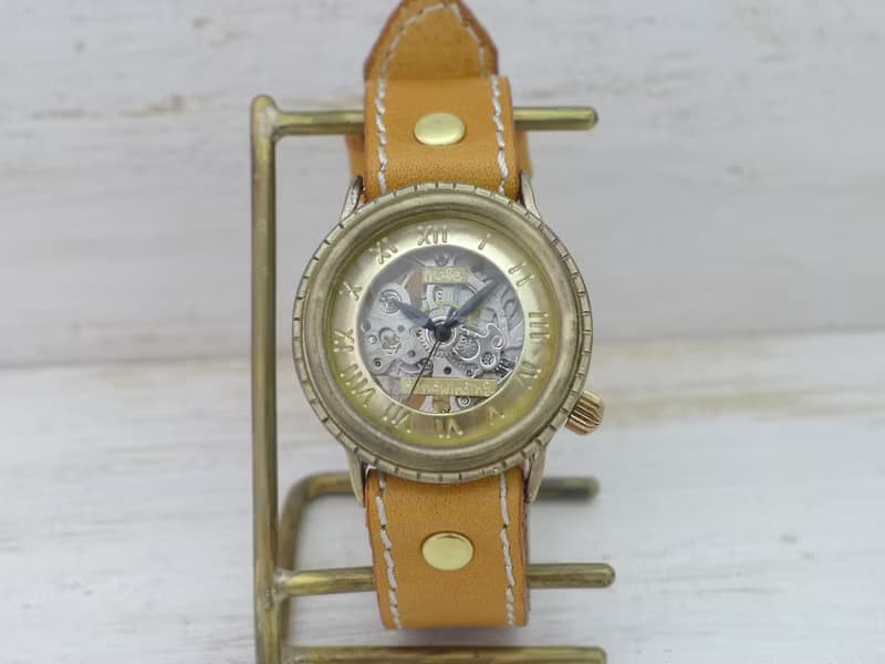 手作り腕時計 BHW068 ミシンステッチ 33mm手巻きBrass ローマ数字インデックス