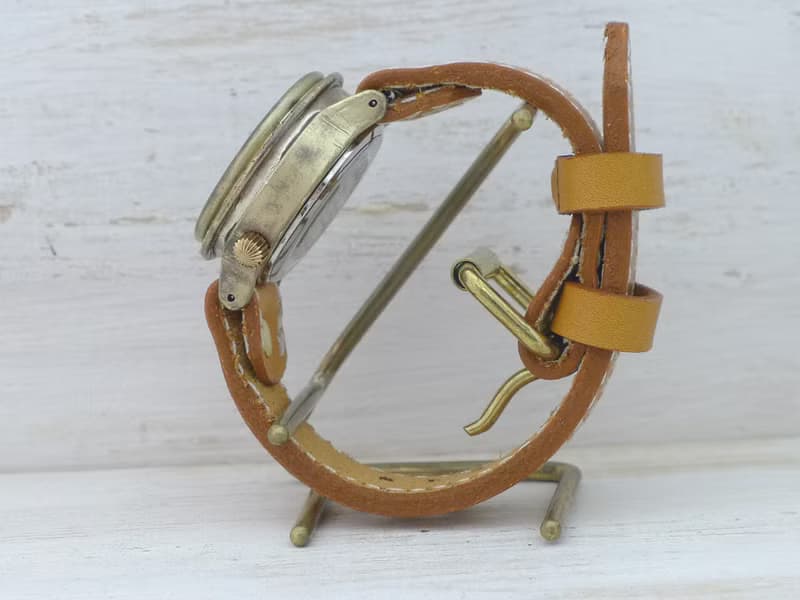 手作り腕時計 BHW068 ミシンステッチ 33mm手巻きBrass ローマ数字インデックス