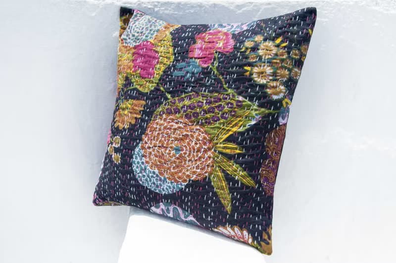 花朵刺繡抱枕套 純棉抱枕套 民族風抱枕套-法式風 時尚黑花朵森林