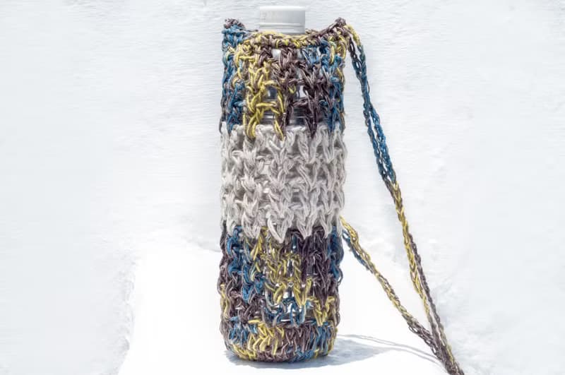 手工麻繩水壺袋/手工麻線水壺袋/保溫瓶袋/飲料提袋-自然漸層彩虹
