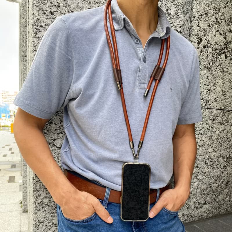 手機背帶掛繩 真皮植鞣革圓繩 附加兩片強力掛片可調式雙頭背帶