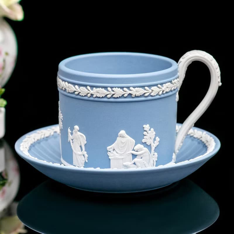 英國製Wedgwood 手工經典巔峰工藝 碧玉浮雕 咖啡杯碟組
