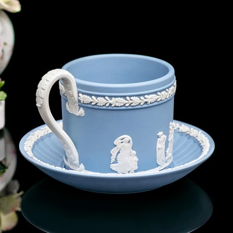 英國製Wedgwood 手工經典巔峰工藝 碧玉浮雕 咖啡杯碟組