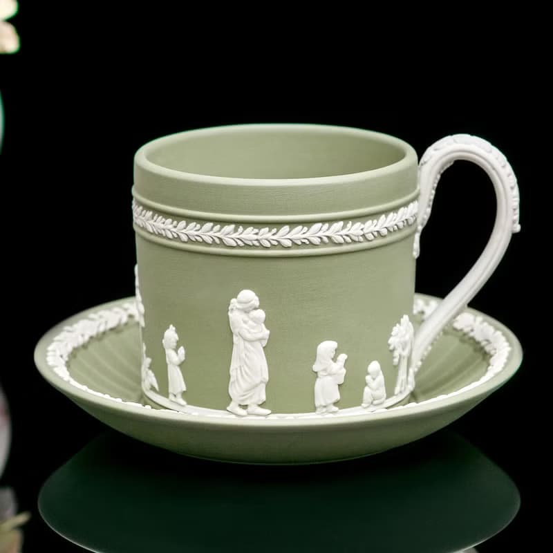英國製Wedgwood 手工經典巔峰工藝 碧玉浮雕 咖啡杯碟組