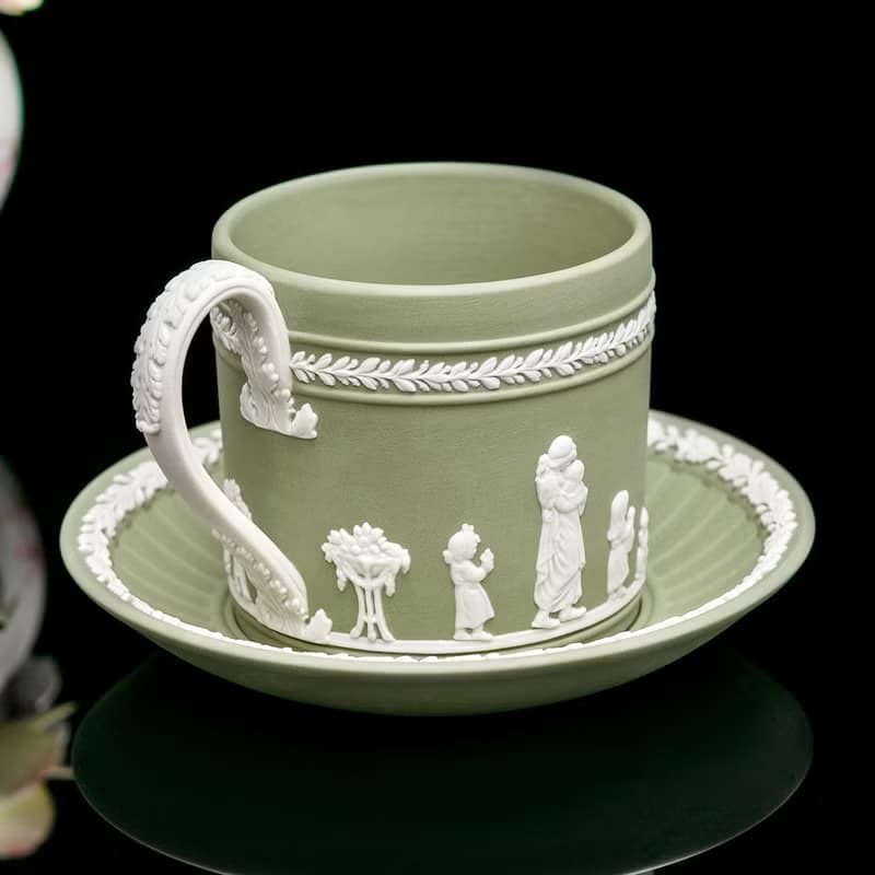 英國製Wedgwood 手工經典巔峰工藝 碧玉浮雕 咖啡杯碟組