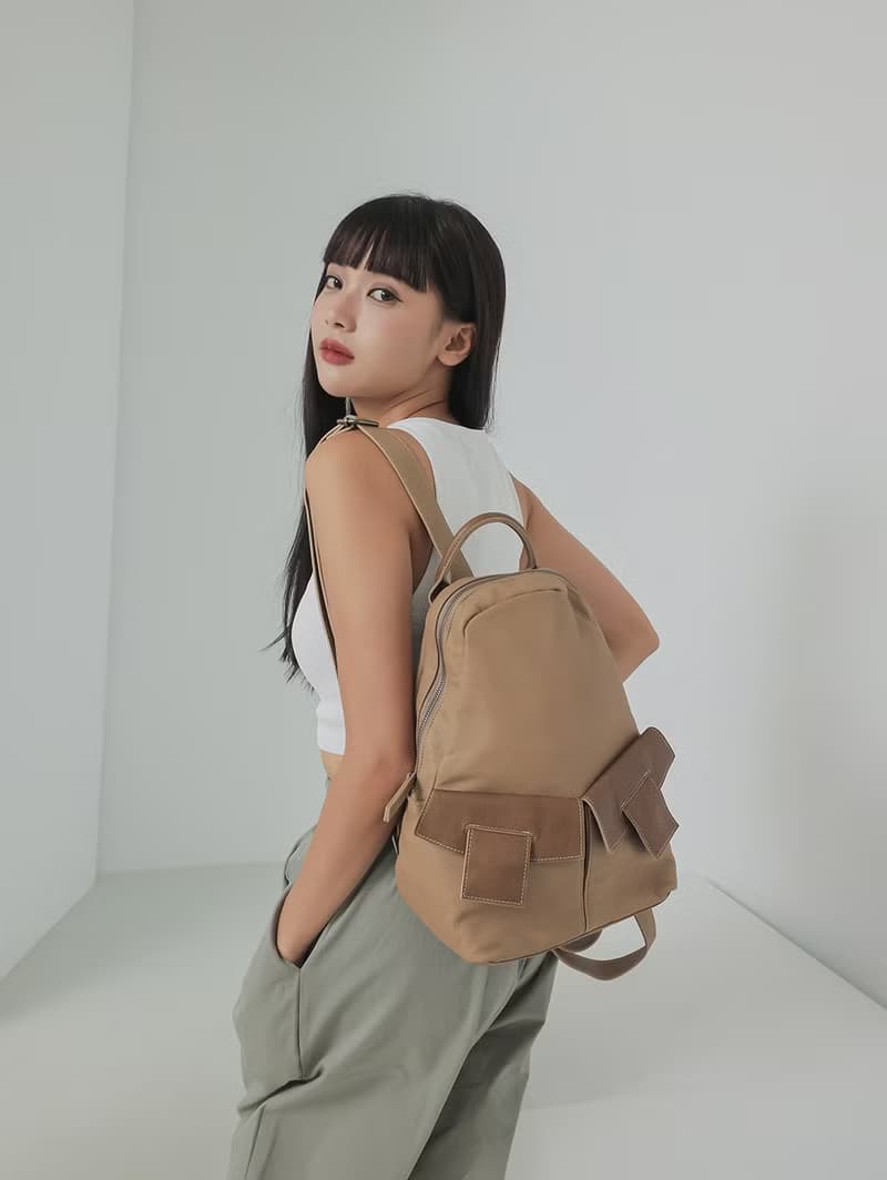 supportingrole 三角闊型真皮中性簡約休閒後背包 卡其咖啡