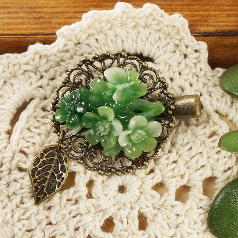 Green Flower Floral Bronze Leaf Filigree Botanical Hair Clip Brooch Pin Jewelry