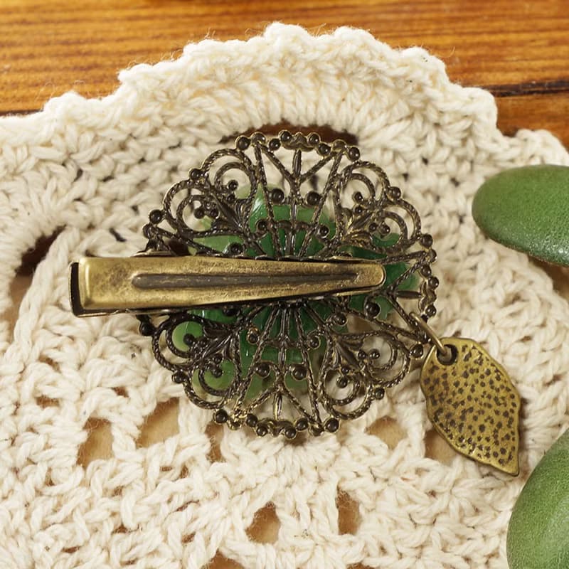 Green Flower Floral Bronze Leaf Filigree Botanical Hair Clip Brooch Pin Jewelry