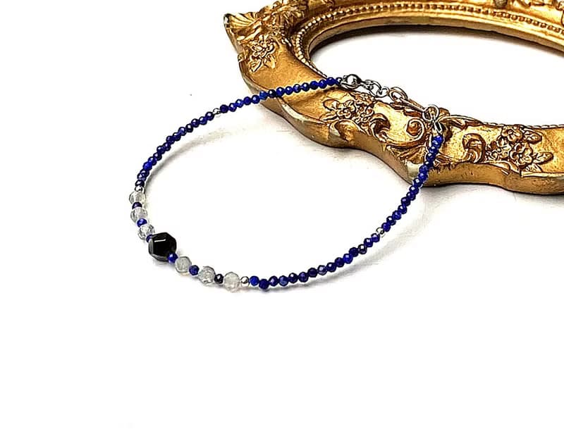 簡約小小能量系列-青金石x灰月光石x黑曜石925純銀手鍊