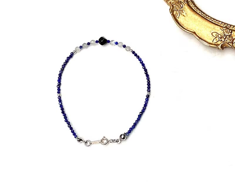 簡約小小能量系列-青金石x灰月光石x黑曜石925純銀手鍊