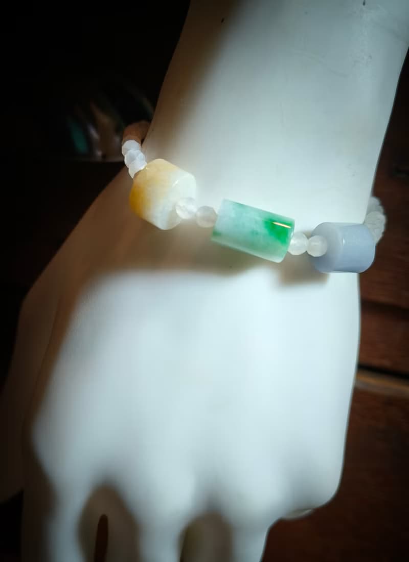生日禮物 情人禮物 天然緬甸三彩桶珠 月光石串珠手鍊 81501