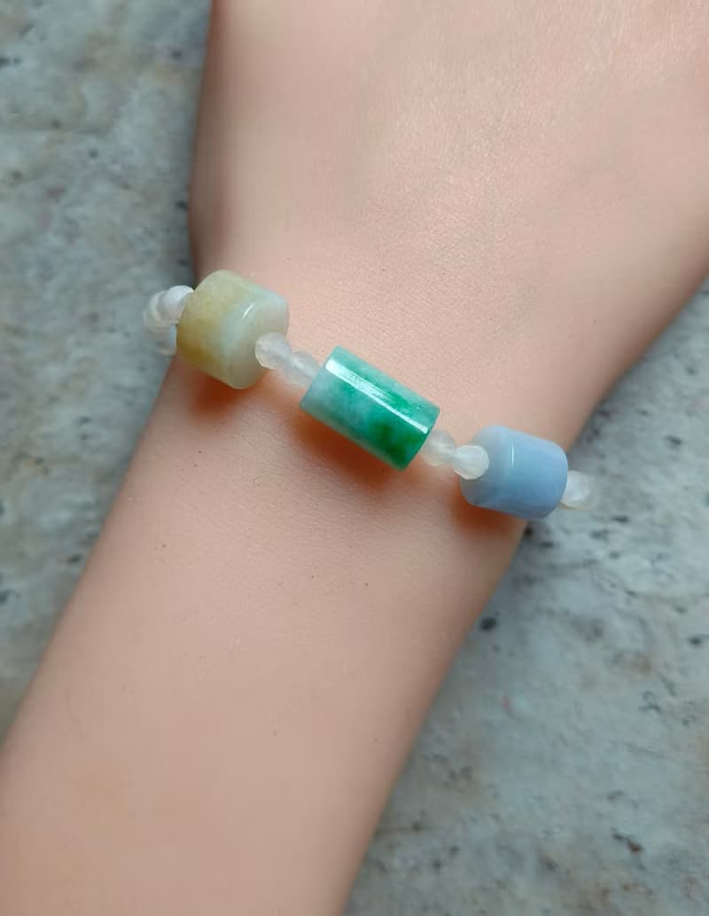 生日禮物 情人禮物 天然緬甸三彩桶珠 月光石串珠手鍊 81501