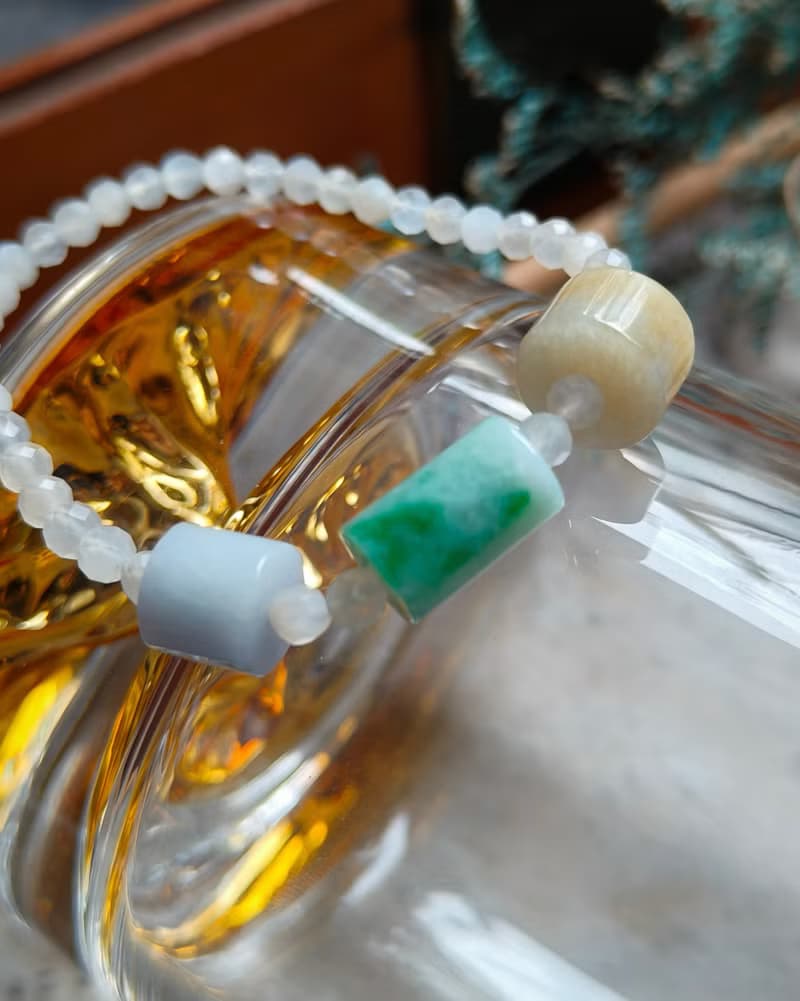生日禮物 情人禮物 天然緬甸三彩桶珠 月光石串珠手鍊 81501