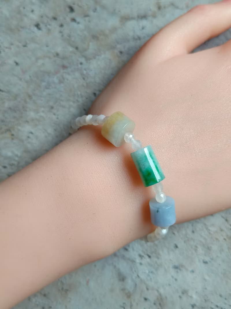 生日禮物 情人禮物 天然緬甸三彩桶珠 月光石串珠手鍊 81501