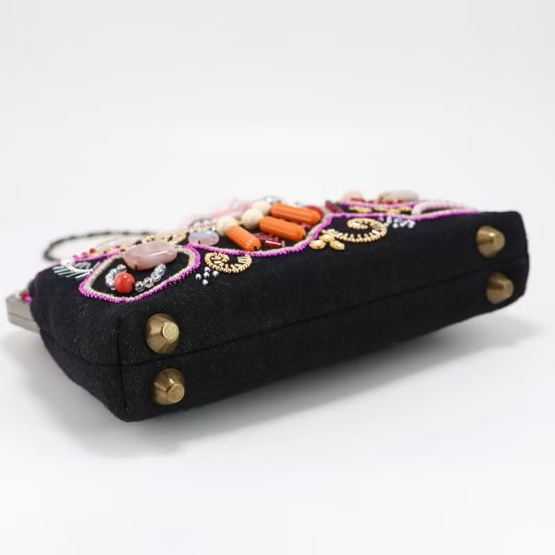 とっておきのがま口バッグ ウールガーゼ　ビーズ刺繍　ブラック　ビビッド　ミニ